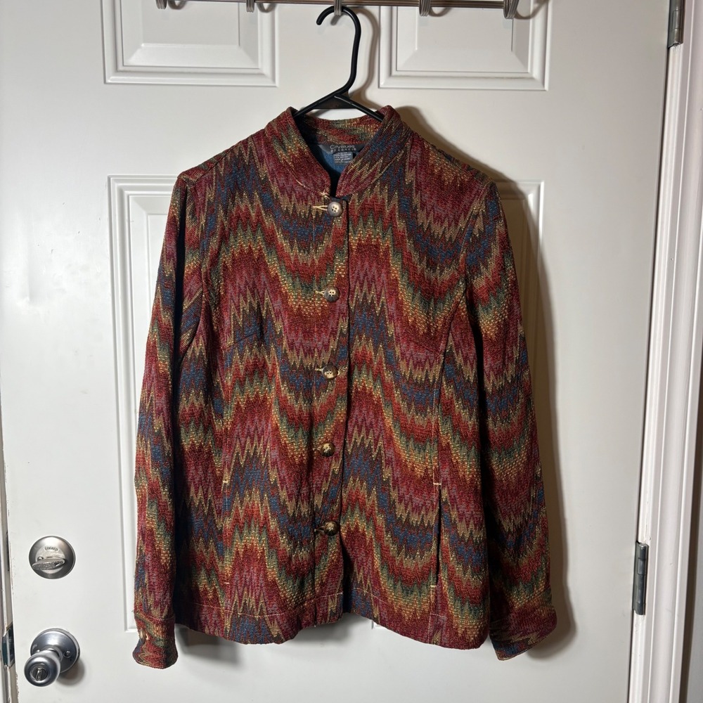 City Blues by Koret Tapestry Jacket Womens L Multi Color Excellent Chevron Woven